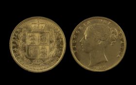 Queen Victoria 22ct Gold Shield Back Young Head Full Sovereign - Date 1869. Cleaned but Toned,