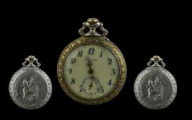 Longines Silver and Silver Gilt Open Faced Keyless Pocket Watch. Signed to Dial and Movement. Signed