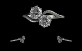 18ct White Gold - Attractive Two Stone Diamond Set Ring. Not Marked but Tests Gold. The Round