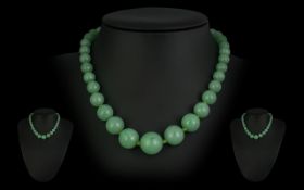 A Vintage - Good Quality Turquoise Stone Set Graduated Necklace, Excellent Colour. Length 14