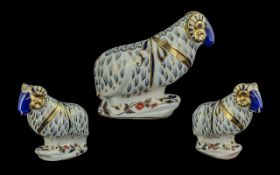 Royal Crown Derby Handpainted Porcelain Large Figural Paperweight 'Ram'. Silver stopper, date