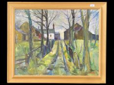 Stanley Warburton Contemporary Oil on Canvas Painting, colourful picture of houses and trees, in a
