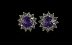 Amethyst Halo Stud Earrings, round cut amethysts of excellent colour, framed with white natural