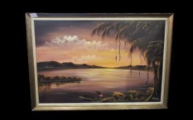 B Muanzas Oil on Canvas - Depicting Coastal Kenyon sunset scene with lake and boat, signed to bottom