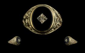 Gents 9ct Gold Pleasing Black Enamel & Diamond Set Dress Ring, full hallmark to shank. Ornate cast