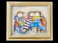 Joyce Roybal Framed Oil on Board, depicting a trio ladies band Measures 24 by 20 inches. Signed