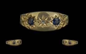 Edwardian Period 1902 - 1910 18ct Gold 3 Stone Sapphire and Diamond Set Ring. Maker J.H.W. Full