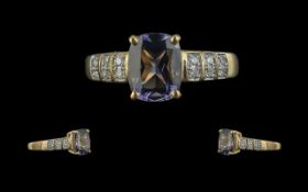 Ladies - Attractive 9ct Gold Amethyst and Diamond Set Ring. Full Hallmark to Shank. The Faceted