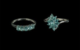 Two Russian Apatite Rings, two contrasting styles of the aqua blue apatite, one, an elegant cluster,