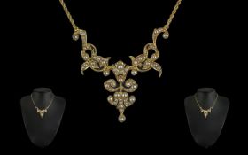 Antique Period - Attractive and Exquisite 15ct Gold Ornate Seed Pearl Set Drop Necklace. Marked