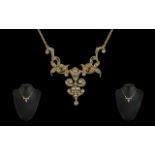 Antique Period - Attractive and Exquisite 15ct Gold Ornate Seed Pearl Set Drop Necklace. Marked