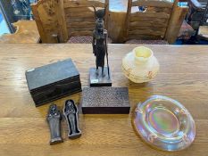 A Small Mixed Lot to include, a Fenton glass vase and stand, a hinged carved wooden cigar box, an