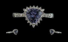 Ladies 9ct White Gold Attractive Tanzanite and Diamond Set Cluster Ring. Full Hallmark to Shank. The