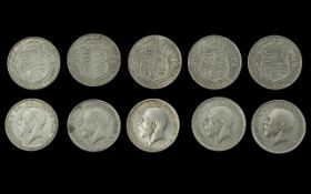 Five George V Silver Half Crowns Dates 1914 - 1918. V.F/ E.F Conditions. Dates Includes 1915,