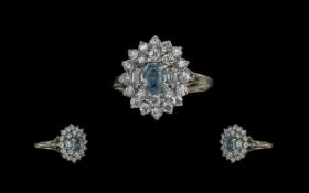 Ladies Attractive 9ct Gold Diamond and Aquamarine Set Dress Ring. Full Hallmark to Interior of