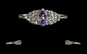 Ladies 9ct Gold Attractive Amethyst and Diamond Set Ring. Full Hallmark to Shank. The Faceted