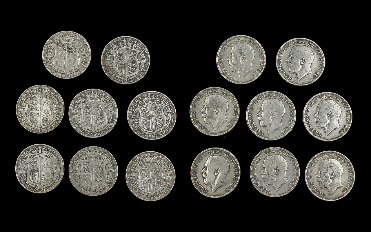 Collection of Eight Silver Half Crowns, dated 1913 - 1918