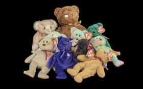 A Collection of Beanie Babies. To include 1999 signature bear, Peace, Wallace, Curly, Gigi, Hipie,