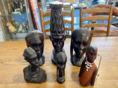 Collection of African Carved Heads, six in total, tallest 16''.