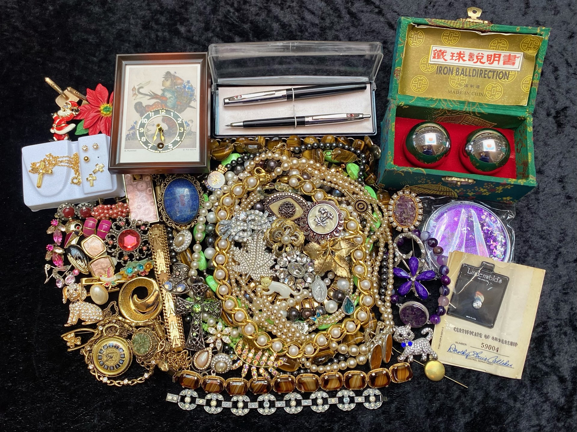 Box of Costume Jewellery & Collectibles, including a one carat CZ stone with certificate, pearls,