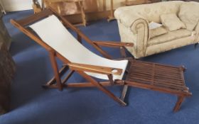 Vintage Steamer Deckchair, early 20th century, mahogany with cream canvas seating, wonderful heavy