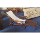 Vintage Steamer Deckchair, early 20th century, mahogany with cream canvas seating, wonderful heavy