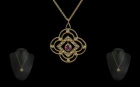 Antique Period - Attractive Ladies 9ct Gold Garnet and Seed Pearl Set Pendant - Attached to a 9ct