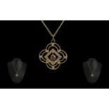 Antique Period - Attractive Ladies 9ct Gold Garnet and Seed Pearl Set Pendant - Attached to a 9ct