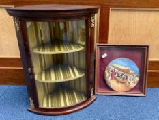 Wall Hanging Corner Cabinet, fabric lined interior and shelves, brass ornate trims, measures 26''