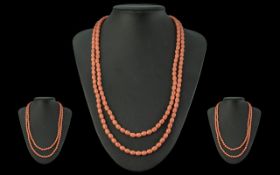 A Good Quality Mediterranean Natural Coral Beaded Necklace of Long Length. With 9ct Gold Clasp /