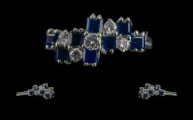 18ct Gold Attractive Blue Sapphire & Diamond Set Ring - Marked 750 (18ct) To Shank. Sapphire &