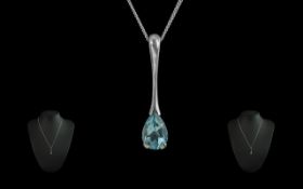 Ladies - Attractive 9ct White Gold Aquamarine Set Pendant Drop with Attached White Gold Chain.