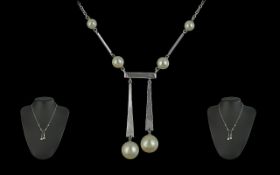 Attractive 9ct White Gold Modern Style Pearl Set Necklace with Drop. Marked 9ct. Excellent Design
