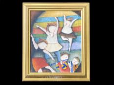 Joyce Roybal Framed Oil on Board, depicting a ladies dancing band Measures 24 by 20 inches. Signed