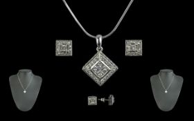 Ladies 14ct White Gold - Attractive Diamond Set Pendant. With Attractive 14ct White Gold Chain + A
