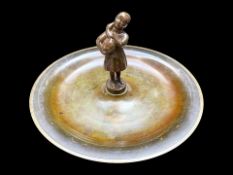 Bronze Shallow Dish with central figure of a peasant girl with a duck. Diameter 9'', approx.