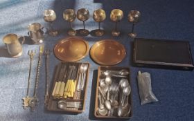 Box of Silver Plated Items to include goblets, flatware, fire irons, canteen of cutlery, etc.