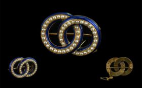 Georgian Exquisite and Pleasing 18ct Gold Bristol Blue Enamel and Pearl Double Loop Design Brooch