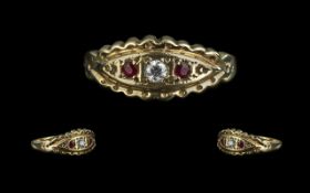 Antique Period Attractive 9ct Gold Petite Ruby & Diamond Set Ring - Shank Pleasing Detailed