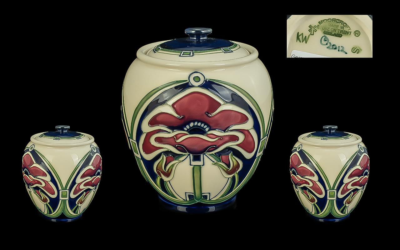 Moorcroft Modern Tube lined Lidded Jar - Styalished Poppies Design, Designer Monogrammed K.W. Date