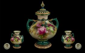 Royal Worcester Hand Painted Lidded Twin Handled Vase 'Still Life Roses', date 1909, shape no.121,