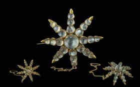 Antique Period 15ct Gold Moonstone Set Starburst Brooch - With Safety Chain. Not Marked But Tests