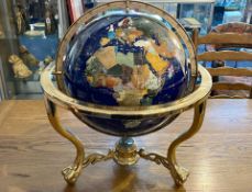 Large Semi Precious Jewelled Globe - Mounted On A Brass Stand. Globe With Dark Blue Ground And Set