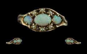 Antique Period 9ct Gold Opal and Seed Pearl Set Ring. The Opals of Pleasing Colours. Ring Size N.