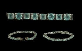 Aquamarine Tennis Bracelet Set In Solid Silver. Approx 16 cts of Aquamarine Stones Set In Silver. 32