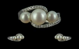 Ladies Pearl and Diamond Ring Set In 9ct