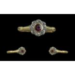 18ct Gold Attractive Petite Ruby & Diamond Set Cluster Ring - Marked 18ct To Interior Of Shank.