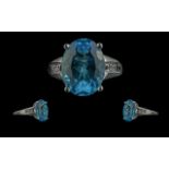 Blue Topaz Set In White 9ct Gold with Diamonds. Stunning Blue Topaz In White Gold, Topaz of Good