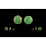 18ct Gold Attractive Pair of Jade Stud Set Earrings. Marked 18ct. Jade Stones of Excellent