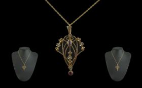 Antique Period - Attractive 9ct Gold Gem Set Open-worked Pendant with Attached 9ct Gold Chain.